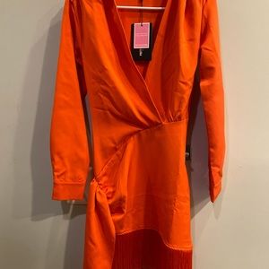 Orange long sleeve tassel dress